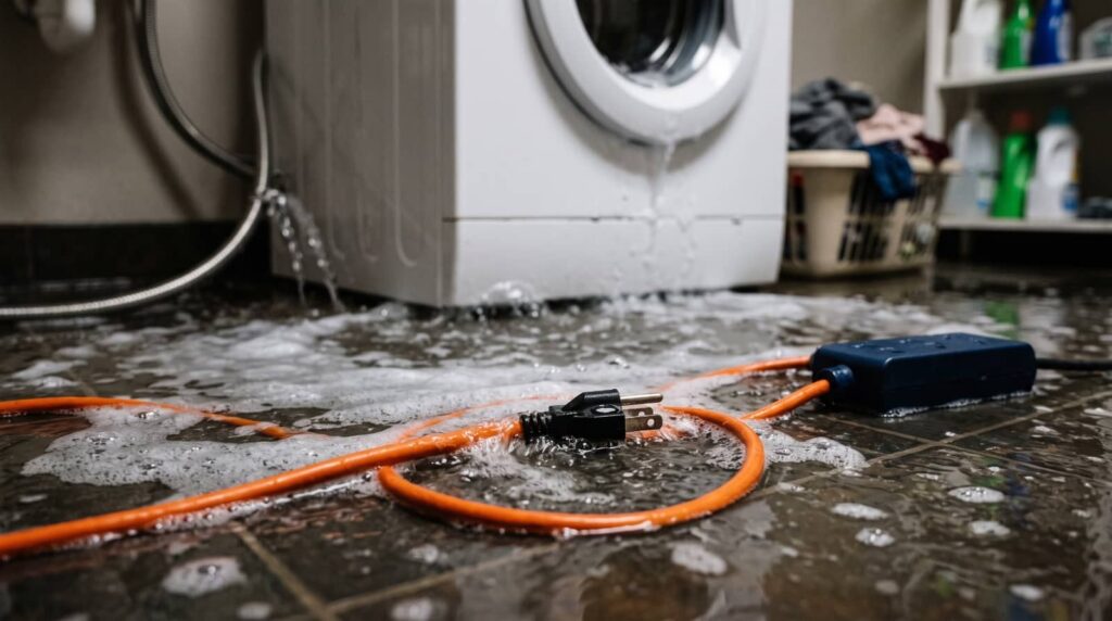 Flooded laundry room with a leaking washing machine and wet power cord.