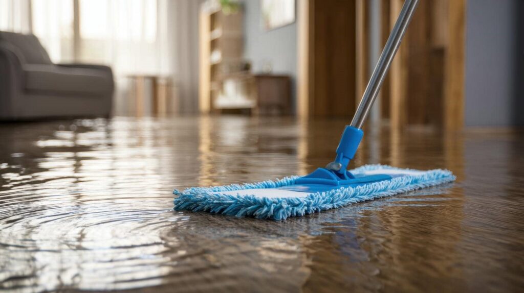 Blue mop cleaning a flooded wooden floor inside a living room.