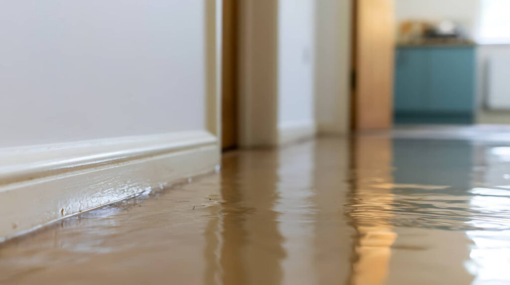 Flooded hallway with water covering the floor.