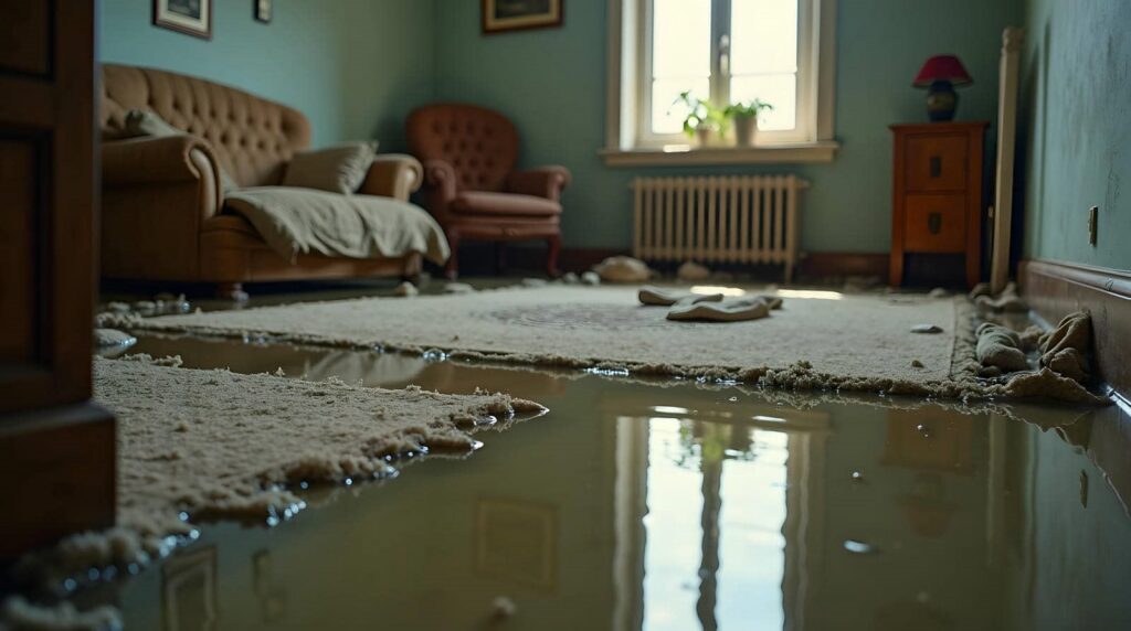 Flooded living room with water covering the floor and partially soaked carpet.