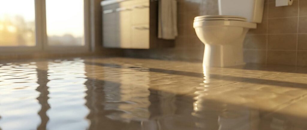 Bathroom floor flooded with water near a toilet and cabinet.