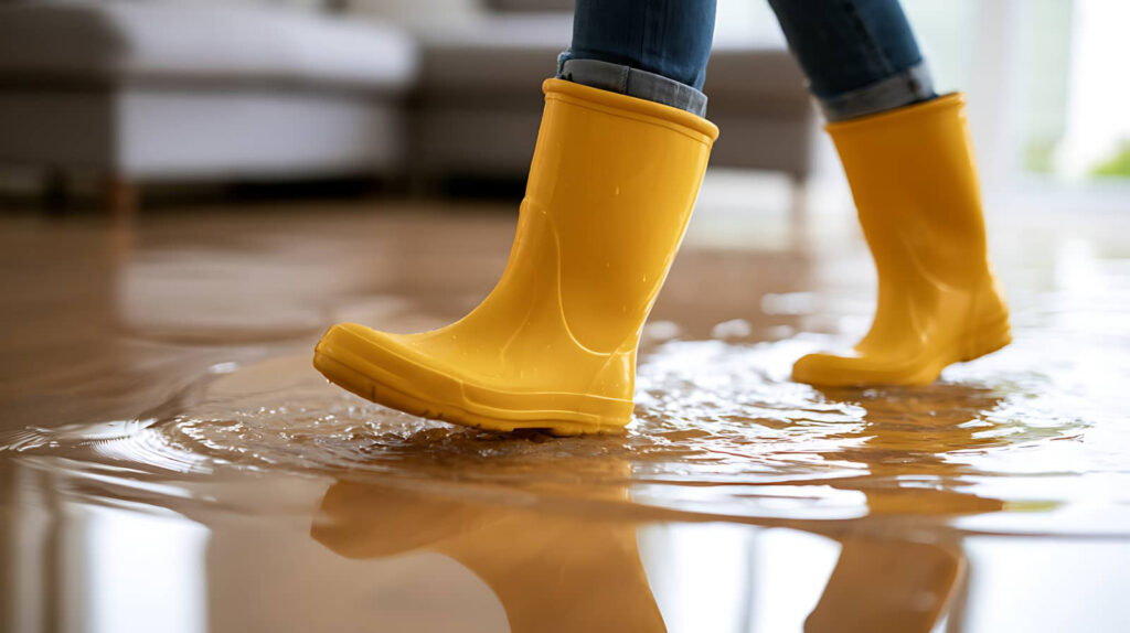 Yellow rain boots walking through indoor floodwater.