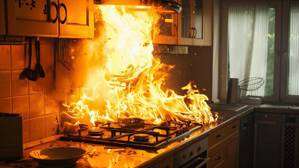 Kitchen stove engulfed in large flames and fire.