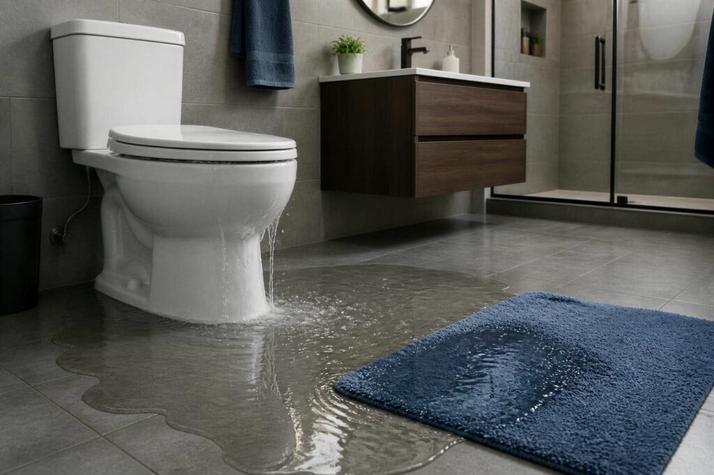 Toilet overflowing with water flooding the bathroom floor and soaking a blue bath mat.