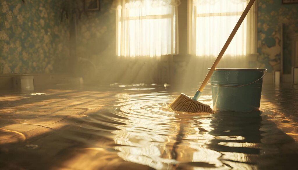 A mop and bucket floating in a flooded room with sunlight streaming through windows.
