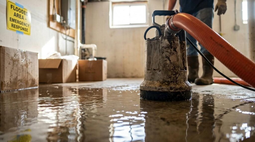 Water pump removing floodwater from a flooded basement with a person standing in the background.