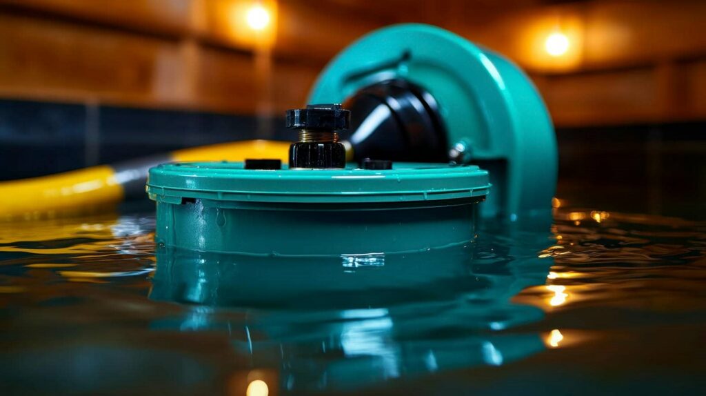 Close-up of a green water pump partially submerged in water with a yellow hose attached.