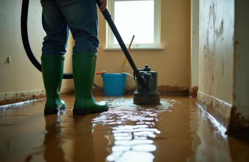 Person in green boots using a pump to remove water from a flooded room.