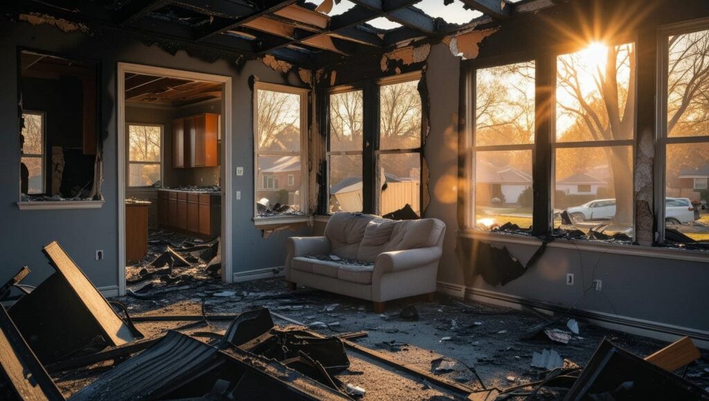 Sunlight shines through windows of a fire-damaged living room with a couch and debris on the floor.