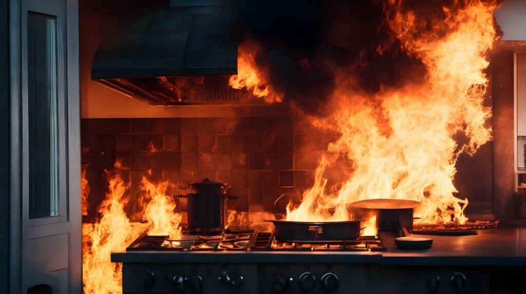 Kitchen stove engulfed in large flames and fire spreading to the walls.