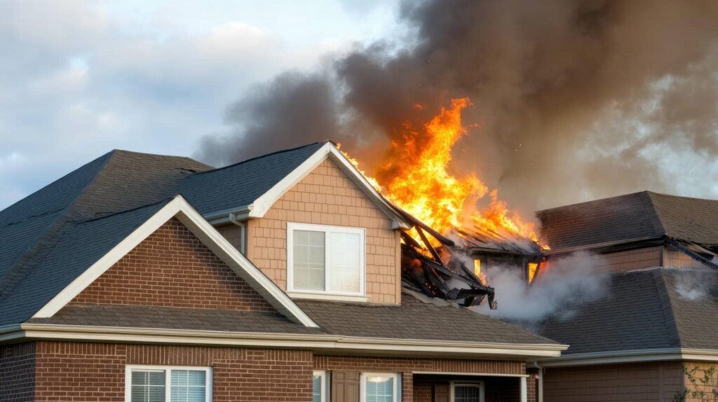 Flames and smoke engulf the roof of a residential house during a fire.