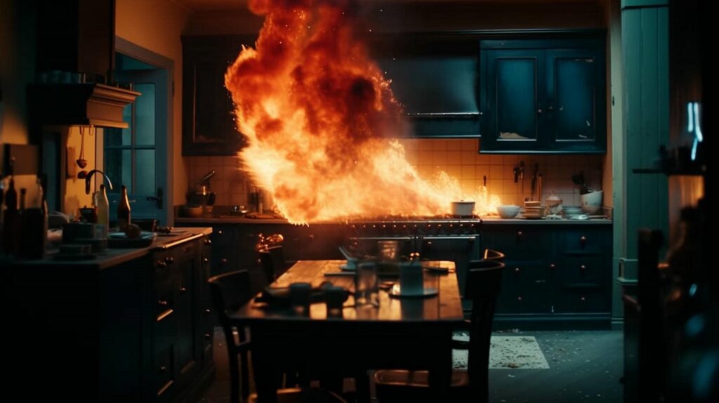 Kitchen stove engulfed in large flames and fire spreading on the countertop.