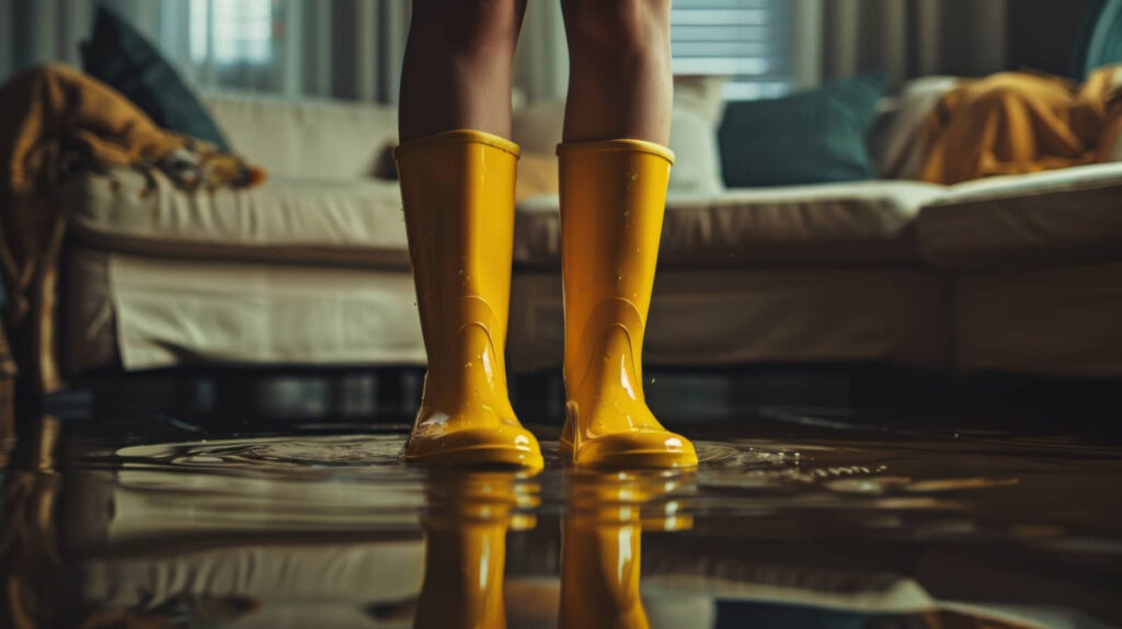 Yellow rain boots standing in floodwater inside a living room.