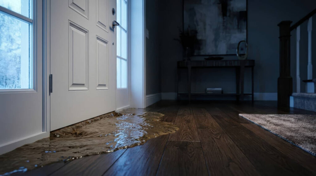 Water flooding through a front door onto a hardwood floor.