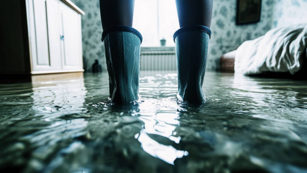 Person standing in flooded bedroom wearing rain boots.