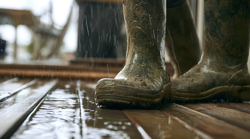 Mud-covered boots standing in rain on a wet wooden deck.