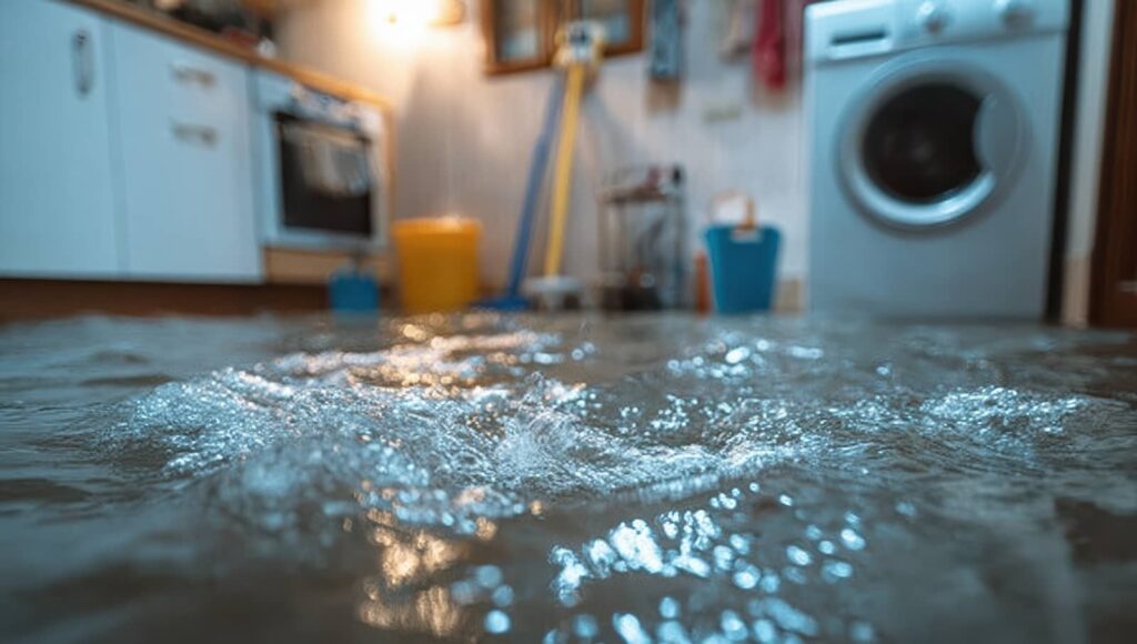 Flooded kitchen with water covering the floor.
