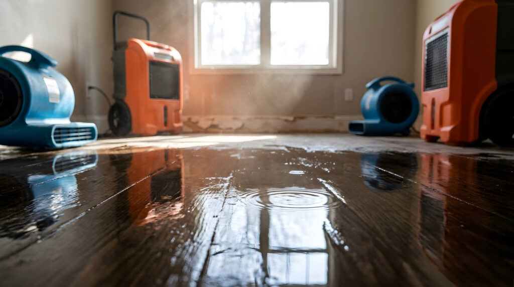 Water-damaged room with dehumidifiers and wet floor.