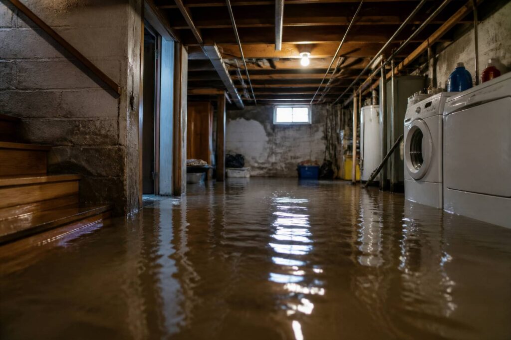 Flooded basement laundry room with standing water.