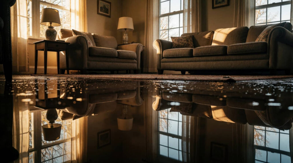 Flooded living room with sofas reflected in standing water.