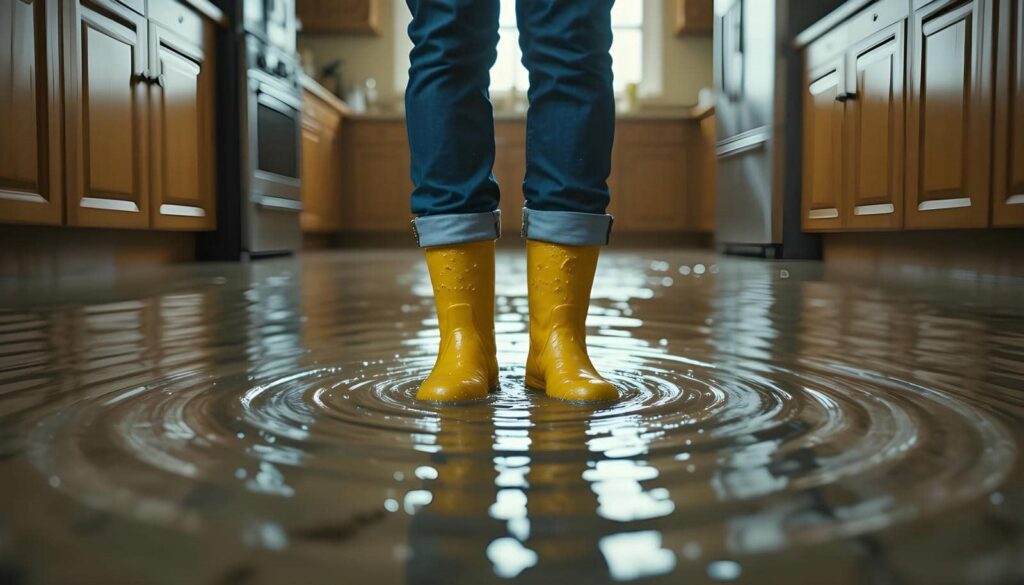 Person wearing yellow rain boots standing in a flooded kitchen with water rippling around their feet.