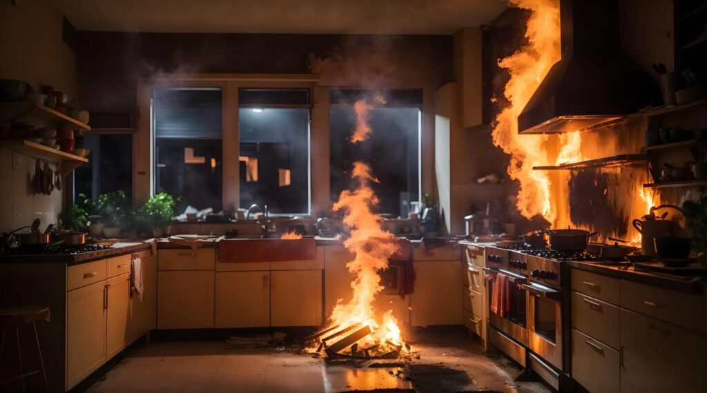 Fire blazing on the kitchen floor and stove, engulfing the area in flames and smoke.