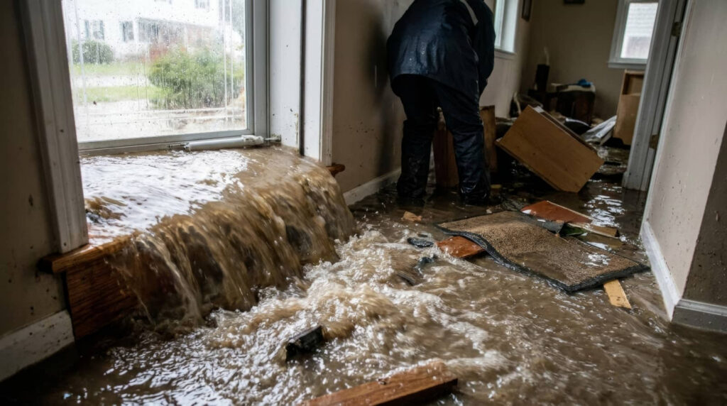 Floodwater rushing into a house as a person stands inside.