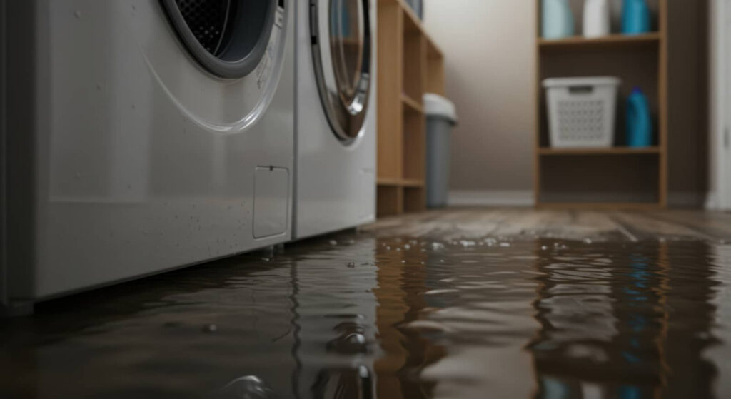 Flooded laundry room with water around a washing machine.
