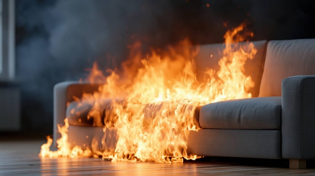 Couch engulfed in flames inside a room.