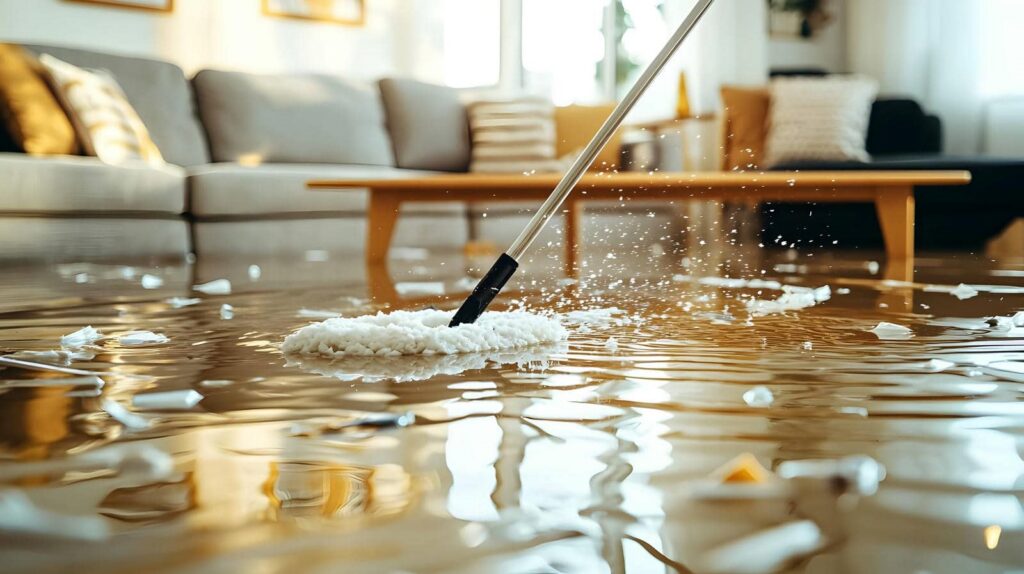 Mop cleaning up water and broken glass scattered on a flooded living room floor.