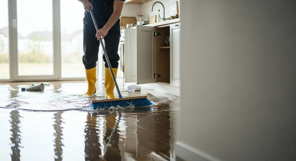 Person in yellow boots using a broom to push water in a flooded kitchen.