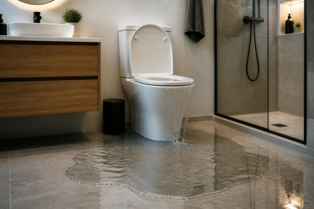 Toilet overflowing with water flooding the bathroom floor.