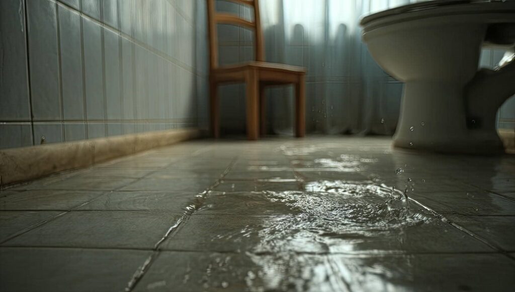 Water leaking and pooling on a tiled bathroom floor near a toilet and wooden chair.