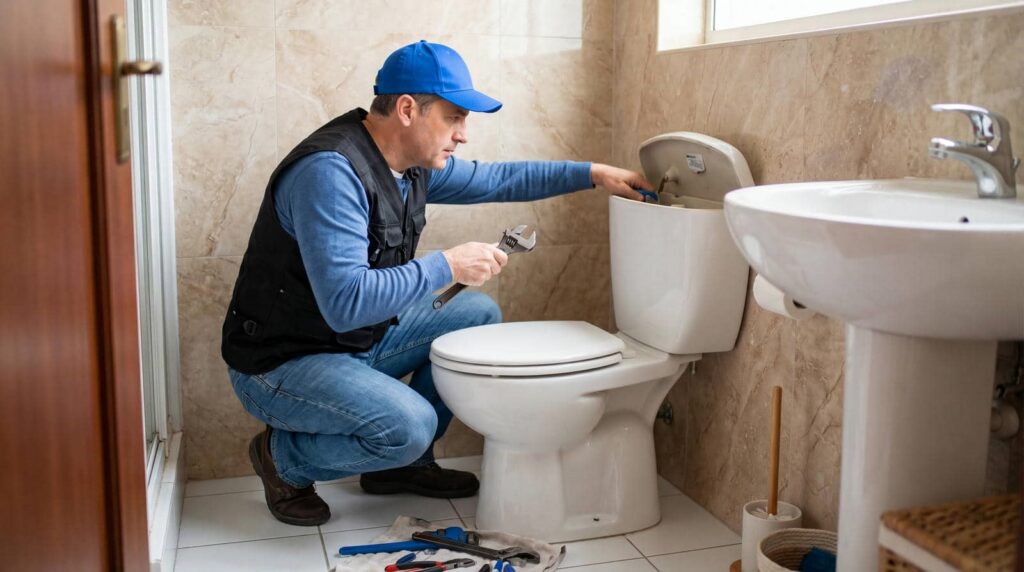 A plumber in a blue cap fixing the inside of a toilet tank with tools on the floor.