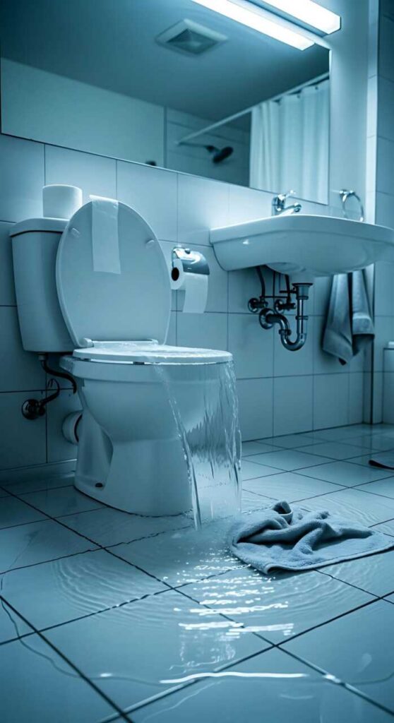 Toilet overflowing with water flooding the bathroom floor near a sink and towel.