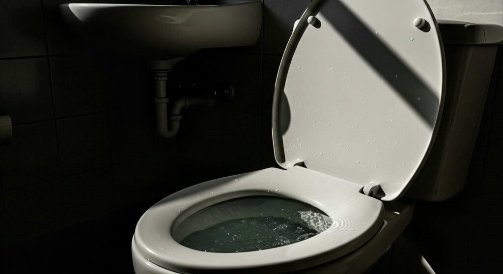 White toilet with open lid and water inside, illuminated by sunlight in a dark bathroom.