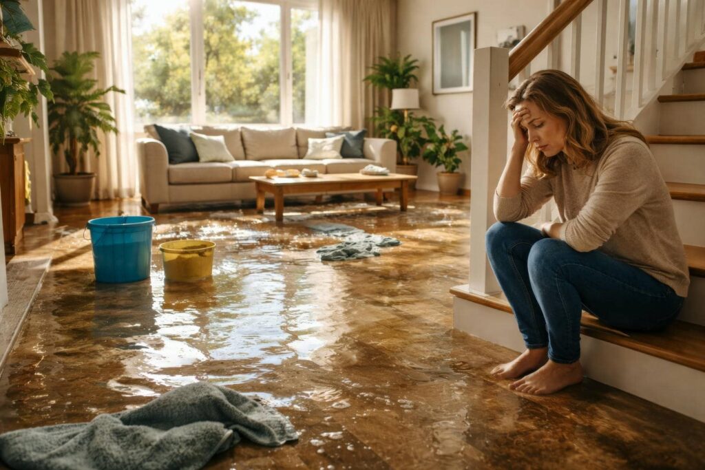A woman sits on stairs looking distressed in a flooded living room with buckets and wet towels on the floor.