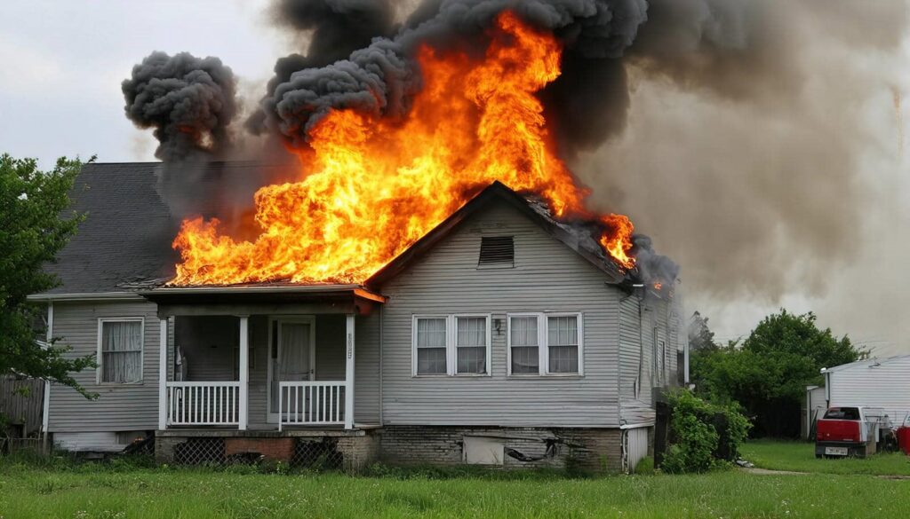 A house engulfed in large flames and thick black smoke.