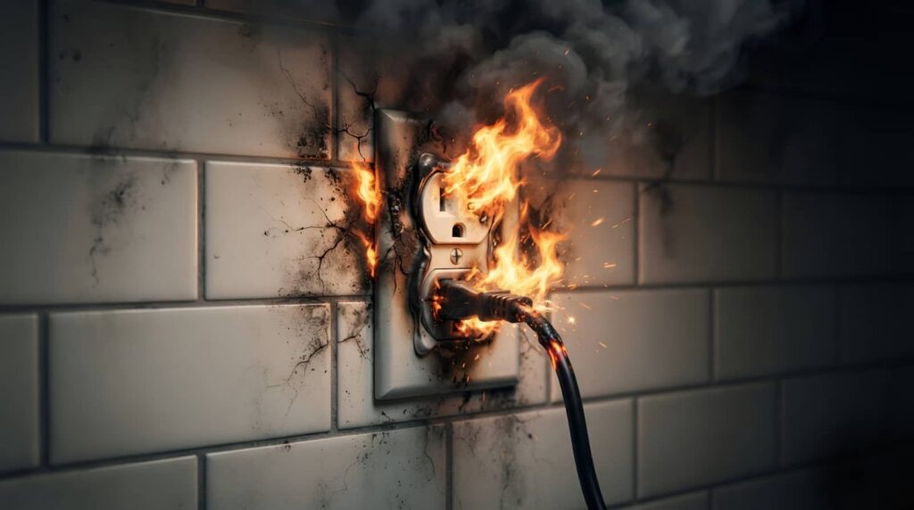 Electrical outlet on fire with a plugged-in cord.
