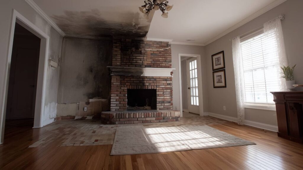 Soot-damaged living room with a brick fireplace.