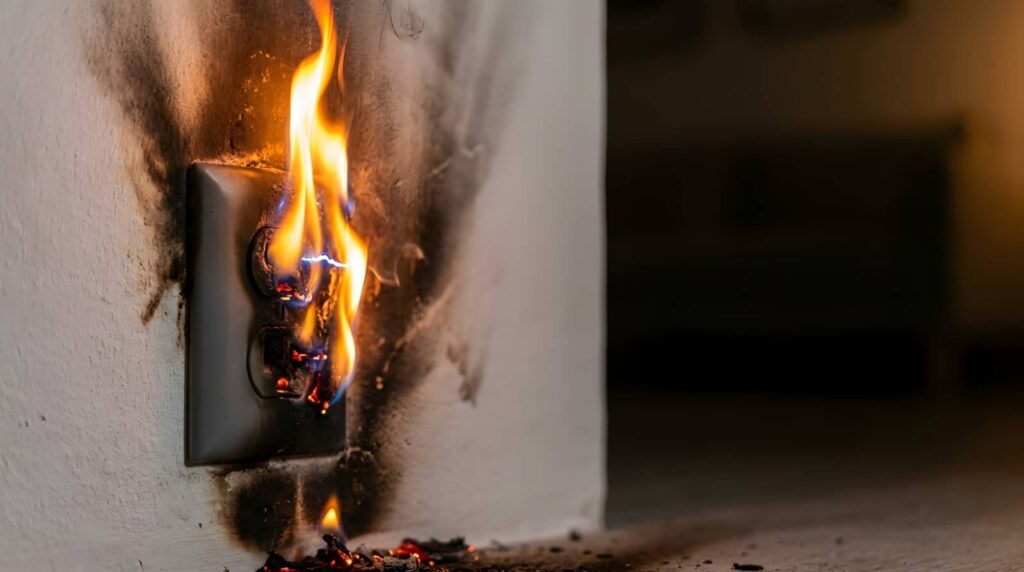 Electrical outlet on fire with smoke and scorch marks.