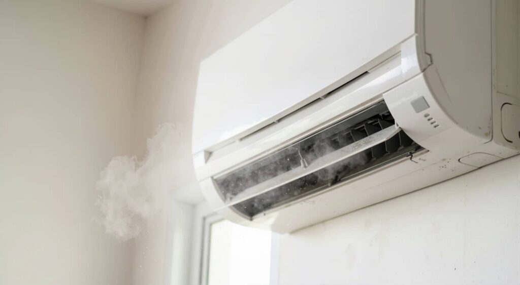 Wall-mounted air conditioner blowing mist into a room.