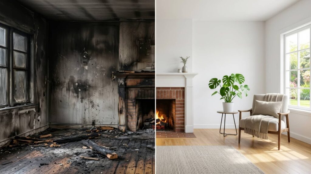 Split-view living room before and after fire damage restoration.