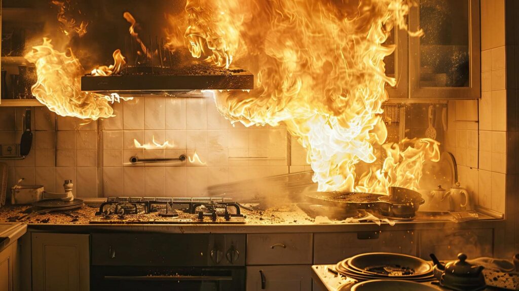 Kitchen stove engulfed in large flames and fire spreading to the range hood and countertop.