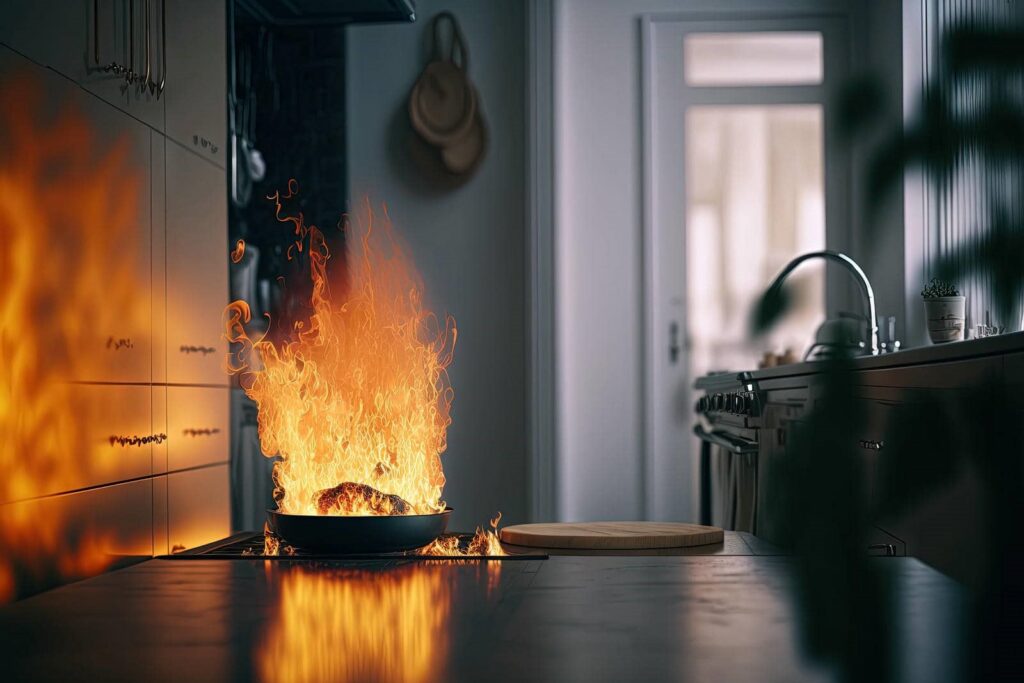 Flames engulf a frying pan on a kitchen stove with fire reflecting on the countertop.