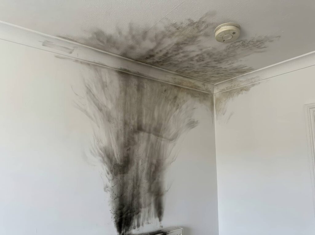 Ceiling and wall covered in black mold from water damage.