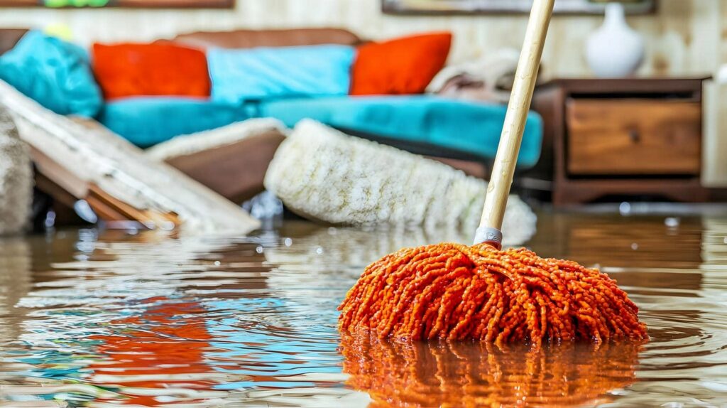 Orange mop head submerged in floodwater inside a living room with floating furniture.
