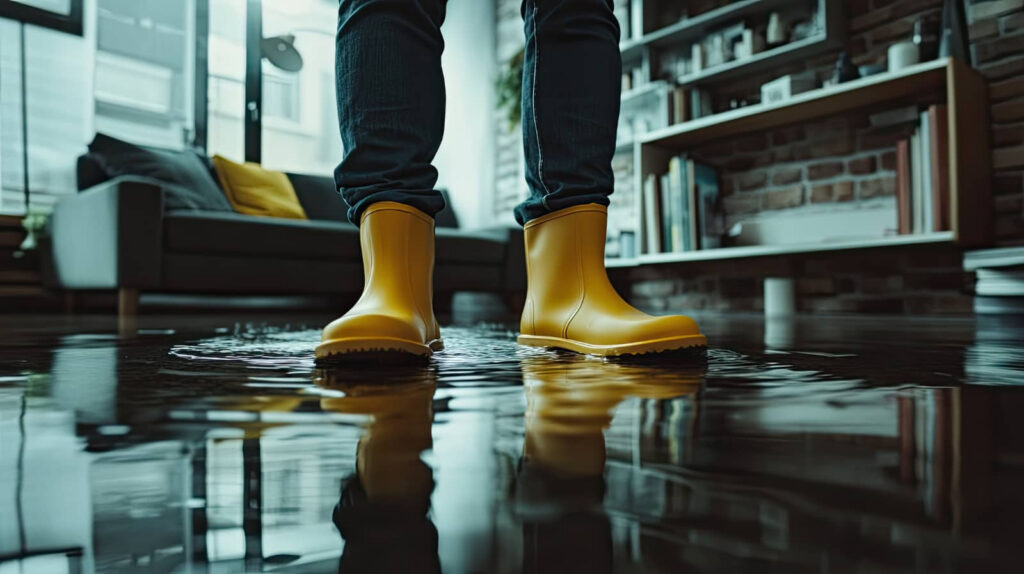 Yellow rain boots standing in flooded living room.