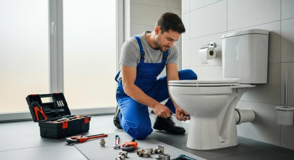 Plumber in blue overalls fixing a toilet with tools scattered on the bathroom floor.