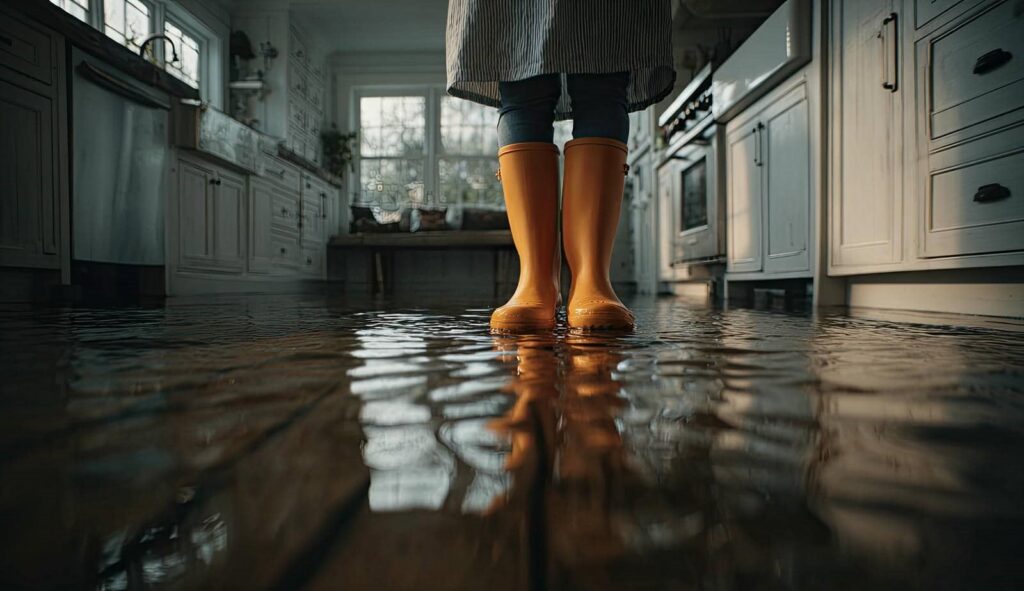 Person wearing yellow rain boots standing in a flooded kitchen with water covering the floor.